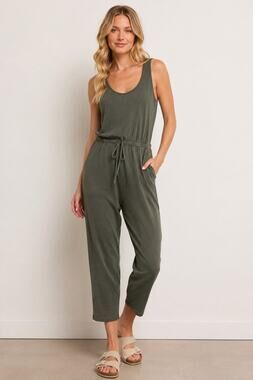 Z Supply Easygoing Jumpsuit Olive Green Sleeveless Drawstring Waist Size Small